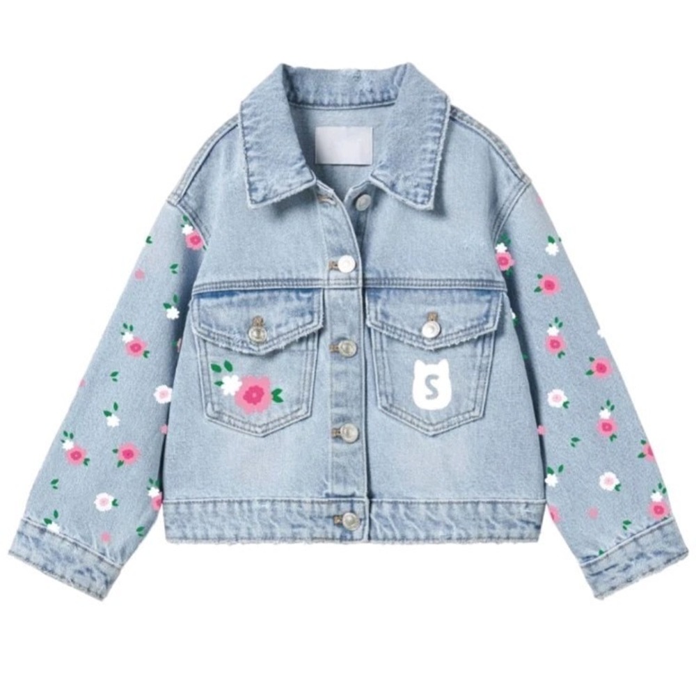 Squishmallows Girls Winston And Cam Flower Denim Jacket Blue XS 6 6X